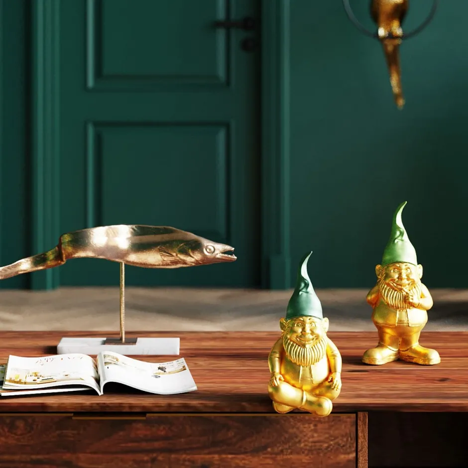 Discount Decofiguur Dwerg Zittend Goud Groen 19cm Opbergers|Woondecoratie