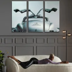 Clearance Glasschilderij Drieluik Oldtimer Zwart 240x160cm Wanddecoratie|Kasten